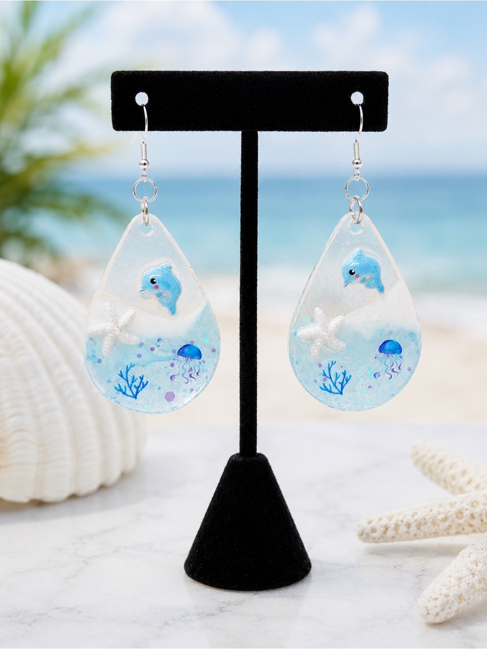Handmade Blue Ocean Teardrop Earrings with Dolphins and Starfish